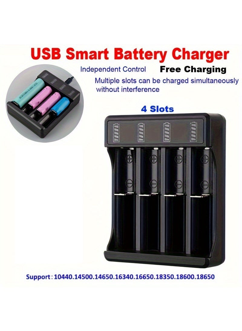 شاحن بطاريات ذكي USB بقوة 3.7 فولت، مناسب لبطاريات 18650 وبطاريات Li-Pd4، يدعم الشحن المستقل عبر منفذ USB، كما أنه مناسب لبطاريات الليثيوم أيون القابلة لإعادة الشحن من نوع 16340 و14500 و26650. يأتي مع بنك طاقة بأربعة منافذ. - Image 3